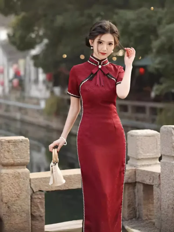 Kf S12b00dc3efcd482eabf49e89fbd8dc26h Spring Summer New Mom S Long Cheongsam Wine Red Qipao Lace Retro Art Style Bow Cheongsam Spring Summer New Mom's Long Cheongsam Wine Red Qipao Lace Retro Art Style Bow Cheongsam ng Art Slimming Qipao