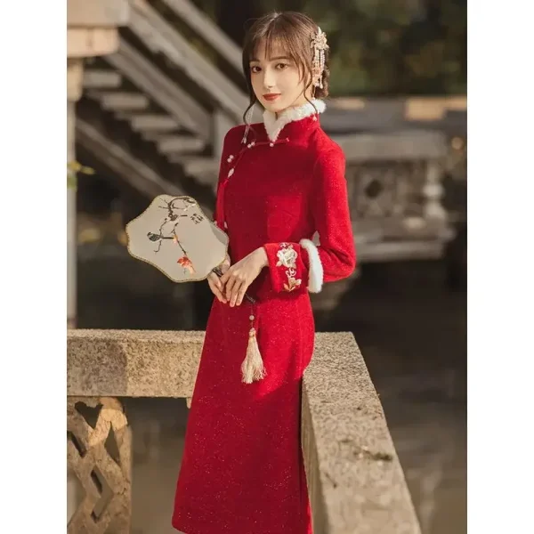 Kf S12c36a5ec85149afb7d49e2226696261e Red Chinese New Year Cheongsam Women Thickened Long Sleeve Winter Dress Slim Elegant Chinese Traditional Qipao Red Chinese New Year Cheongsam Women Thickened Long Sleeve Winter Dress Slim Elegant Chinese Traditional Qipao S To XXL