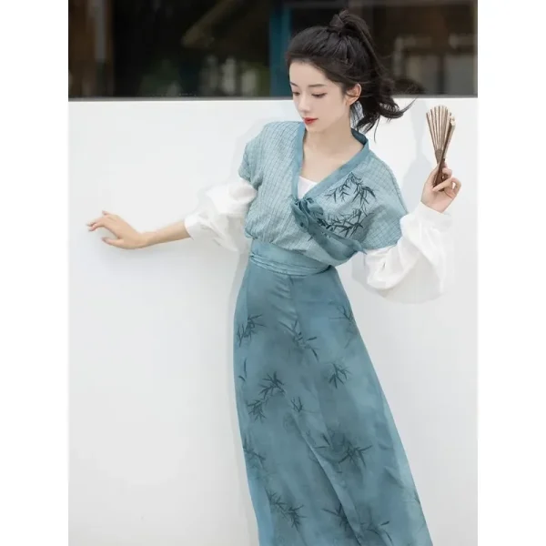 Kf S1686357c8d4840dda9a1243894faee34t 2024 Autumn Elegant Blue Bamboo Printed Long Sleeves Hanfu Dresses 3pcs Women S Improved Modern Casual Autumn Elegant Blue Bamboo Printed Long Sleeves Hanfu Dresses 3pcs Women's Improved Modern Casual Clothes Vestidos Chinos