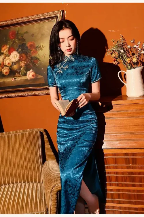 Kf S16b4eacd0bcf4efa8aa4a20557d73d56k Blue Improved Chinese Traditional Cheongsam Women's Summer Long Qipao Evening Dresses Old Shanghai Retro Hanfu Skirt