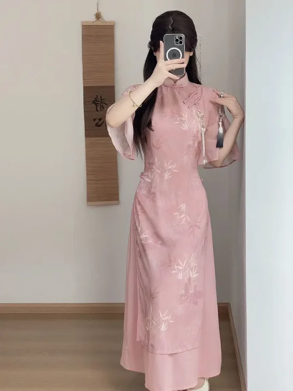 Kf S16cbe92f75064d2a8606ed2183f1fea9v New Chinese Style Pink Qipao Dress 2024 Vintage Cheongsam Young Oriental Lady Evening Dress Summer Daily New Chinese Style Pink Qipao Dress 2024 Vintage Cheongsam Young Oriental Lady Evening Dress Summer Daily Vestido