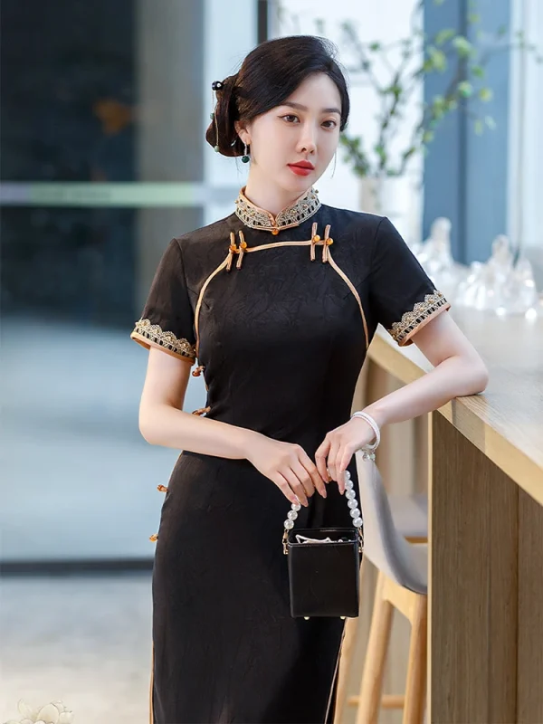 Kf S16d72ffcb35844b48811fd39a7e0dc11l Yourqipao 2023 Summer Long Slim Silk Black Cheongsam Catwalk Banquet Retro Elegant Qipao Chinese Style Evening Summer Long Slim Silk Black Cheongsam Catwalk Banquet Retro Elegant Qipao Chinese Style Evening Dress for Women