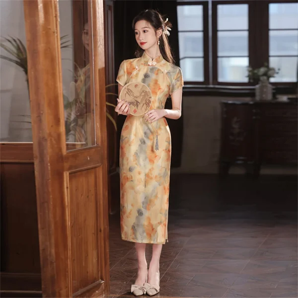 Kf S16e4c62089934168815a273a5e2287cbq Yellow Cheongsam Female Summer High End Printed Qipao Improved Girl Young Temperament Retro Republic Of China Yellow Cheongsam Female Summer High-end Printed Qipao Improved Girl Young Temperament Retro Republic of China Dress Chinoise New