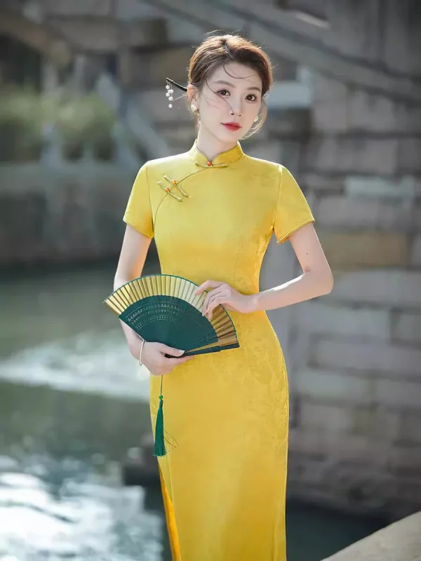 Kf S1743d1f02062499c9922a448ac29fd72d Yellow Qipao 2024 New Summer Retro Republic Jacquard Young Girl Style Improvement Dress Yellow Qipao New Summer Retro Yellow Cheongsam Improvement Dress