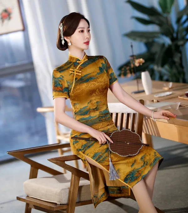 Kf S1758e22d25434e5a8bdc8582af88b7e47 Summer Improved Yellow Print Cheongsam Chinese Style Women Party Short Sleeve Qipao Summer Improved Yellow Print Cheongsam Chinese Style Women Party Short Sleeve Qipao