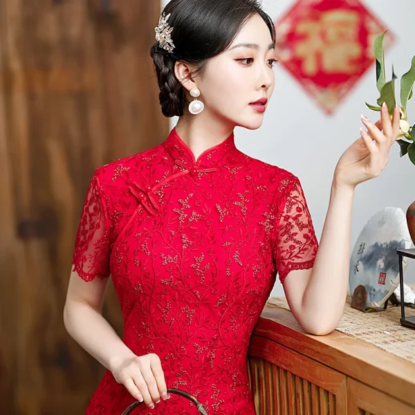 Kf S177e1d5981d745ac823f3612e96ac36et 2024 New Big Red Cheongsam Women S Short Sleeved Perspective Lace Evening Dress Slanted Placket Stand new big red cheongsam women's short sleeved perspective lace evening dress slanted placket stand collar improved version