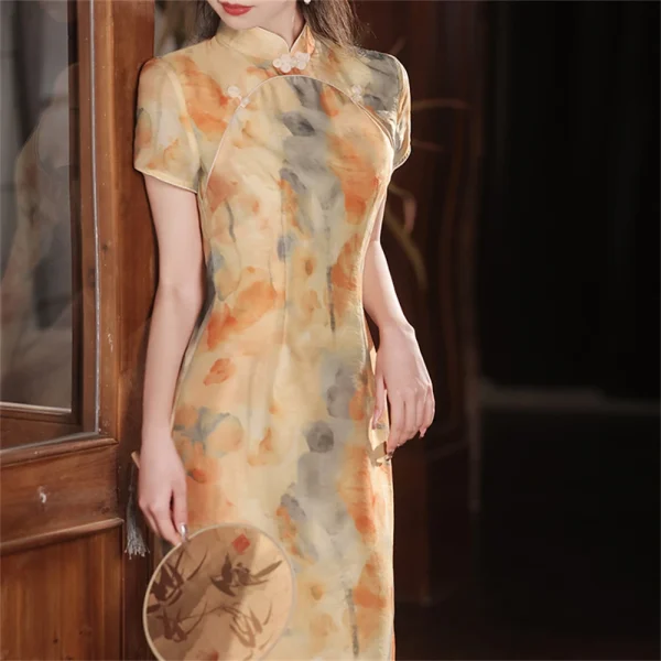 Kf S193b5e79c03f4aa287a481fc424d1c29n Yellow Cheongsam Female Summer High End Printed Qipao Improved Girl Young Temperament Retro Republic Of China Yellow Cheongsam Female Summer High-end Printed Qipao Improved Girl Young Temperament Retro Republic of China Dress Chinoise New