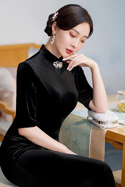 Kf S197e8713030b4d6c860601be626e21fa1 2022 Autunno Nuovo Nero Cheongsam Slim Stand Collar Velluto Cinese Stile Tradizionale Retro Fishtail Grace Dress Cheongsam Slim Stand Collar Velluto Cinese Stile Tradizionale Retro Fishtail Grace Dress Qipao per Donne