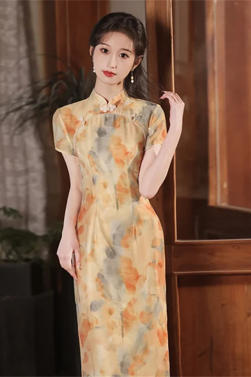 Kf S1a53189e0fef423e850751883d17ae67i Yellow Cheongsam Female Summer High End Printed Qipao Improved Girl Young Temperament Retro Republic Of China Yellow Cheongsam Female Summer High-end Printed Qipao Improved Girl Young Temperament Retro Republic of China Dress Chinoise New