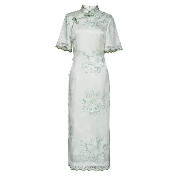 Kf S1cf49fed8d4440e6b6c38f0c2bfaaef8c High End Ruffle Sleeve High Quality Real Silk Dress Suzhou Silk White Cheongsam Qipao Women S High-End Ruffle Sleeve High Quality Real Silk Dress Suzhou Silk White Cheongsam Qipao Women's Summer Young Long Slightly Fat