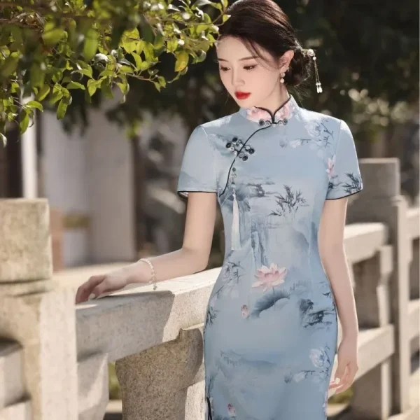 Kf S1e0b9ba39cbc4e35a18d3342d1d9878df Hot Sale New Chinese Style Blue Slim Long Cheongsam With Improved Summer Print For Girls Daily Hot Sale New Chinese Style Blue Slim Long Cheongsam with Improved Summer Print for Girls' Daily Vintage Short Sleeve Dresses