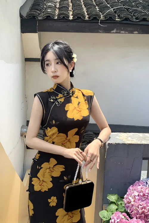 Kf S1e84c1ad1008434caadb93b758fb7730f Retro Traditional Chinese Cheongsam Summer New Dress Improvement Qipao Yellow Print Long Vestidos Elegant Temperament Qipao