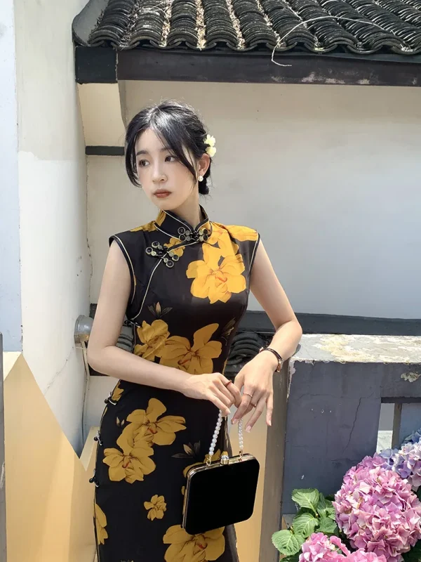 Kf S1e84c1ad1008434caadb93b758fb7730f Retro Traditional Chinese Cheongsam Summer New Dress Improvement Qipao Yellow Print Long Vestidos Elegant Temperament Qipao