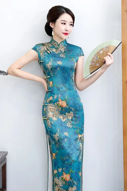 Kf S2039ca3ae0ba4ba4e6990ba1d8313d5a11ft Vintage Panjang Qipao Dicetak Cheongsam Slim Cheongsam Plus Ukuran 3XL 4XL 5XL Qipaos Gaun Tradisional Cina Wanita Rompi Bunga Biru Vestidos