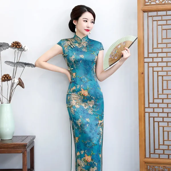 Kf S2039ca3ae0ba4e6990ba1d8313d5a11ft Vintage Long Qipao Printed Slim Cheongsam Plus Size 3XL 4XL 5XL Qipaos Chinese Traditional Dresses Female Blue Floral Vestidos