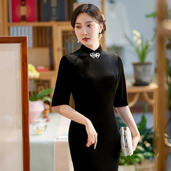 Kf S22386758825c4402abe0e844afc8a5f27 2022 Autumn New Black Cheongsam Slim Stand Collar Velvet Chinese Traditional Style Retro Fishtail Grace Dress Cheongsam Slim Stand Collar Velvet Chinese Traditional Style Retro Fishtail Grace Dress Qipao for Women