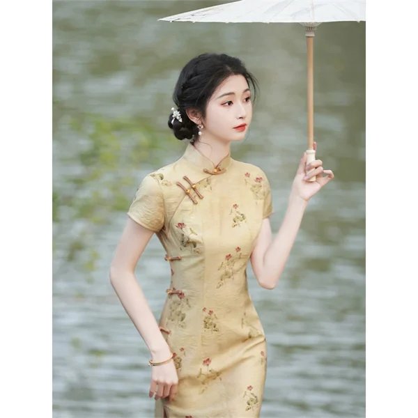 Kf S22d32d2025d24b7987b50579576d5577p Improved Yellow Printed Cheongsam Young Girl Summer Chinese Style High End Dress Retro Elegant Temperament Split Improved Yellow Printed Cheongsam Young Girl Summer Chinese Style High-end Dress Retro Elegant Temperament Split Qipao Chinoise