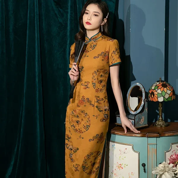 Kf S2352ae7146d746528b2c1467604211477 Spring Summer New Women Yellow Qipao Short Sleeve Lady Party Dress Female Chinese Traditional Catwalk Cheongsam Spring Summer New Women Yellow Qipao Short Sleeve Lady Party Dress Female Chinese Traditional Catwalk Cheongsam