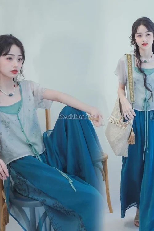 Kf S23e894278cda4b8c9cd6a9303e64f67fw 2024 New Summer Improved Chinese Song Dynasty Women Hanfu Set Gentle National Style Short Sleeve Top New summer improved chinese song dynasty women hanfu set gentle national style short sleeve top loose casual pants set