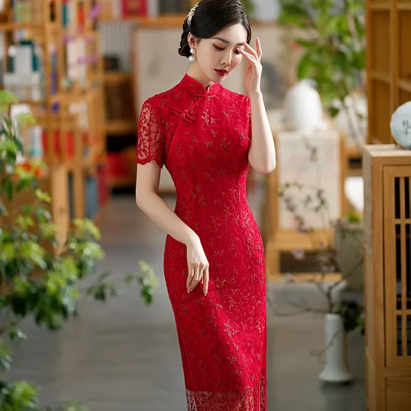 Kf S24114330e11447f8a1b144b344963cc7h 2024 New Big Red Cheongsam Women S Short Sleeved Perspective Lace Evening Dress Slanted Placket Stand new big red cheongsam women's short sleeved perspective lace evening dress slanted placket stand collar improved version