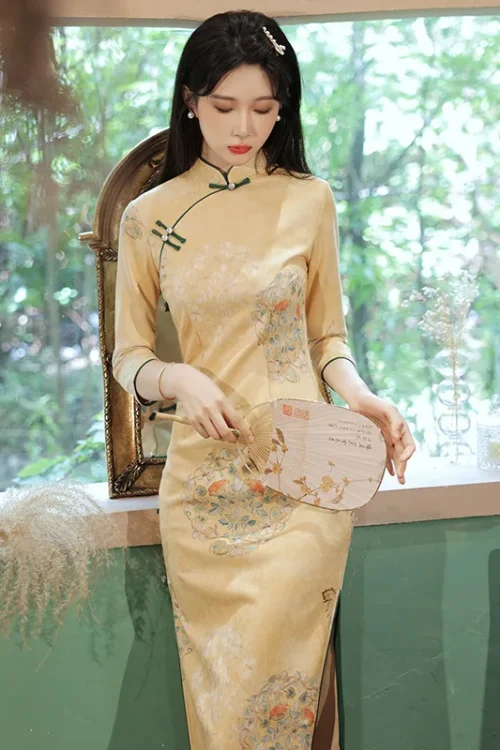 Kf S243e7697fbc2439cbe40e99e54cf172cq Chinese National Yellow Cheongsam Suede Long Sleeve Dress Slim Floral Retro Women Long Qipao Xxl Chinese National Yellow Cheongsam Suede Long Sleeve Dress Slim Floral Retro Women Long Qipao XXL