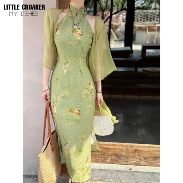 Kf S24b618eb11b74dcb8159f38d4cbfd557i Women Spring And Summer Cheongsam Original New Chinese Classical Hanging Cicpao Long Neck Dress Cool Green Women Spring and Summer Cheongsam Original New Chinese Classical Hanging Cicpao Long Neck Dress Cool Green Improved Qipao