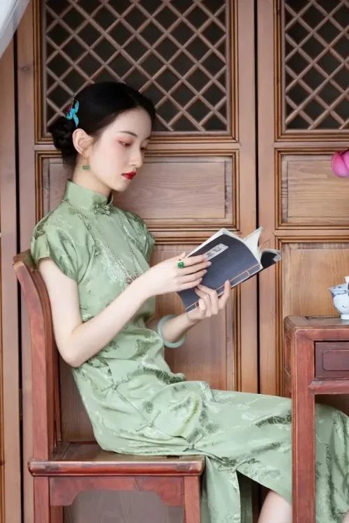 Kf S24bbb183cfcf427ab936a7e308ea817a6 Summer Satin Chinese Women Leaf Wedding Qipao Vintage Mandarin Collar Green Casual Cheongsam Short Sleeve Evening Summer Satin Chinese Women Leaf Wedding Qipao Vintage Mandarin Collar Green Casual Cheongsam Short Sleeve Evening Midi Dress