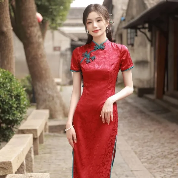 Kf S253fc9221b5c49fa972c8d624625aad2o 2024 Spring Large Flower Buttons Button Jacquard Cheongsam Dress Folk Style Improved Elegant Show Cheongsam Spring Large Flower Buttons Button Jacquard Cheongsam Dress Folk Style Improved Elegant Show Cheongsam