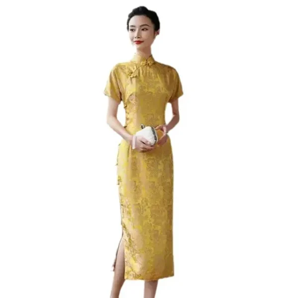 Kf S26ed22b1097c4abe8bc5bba29937a8acm High End Quality Real Silk Cheongsam Qipao Yellow Toast Chinese Dress High-End Quality Real Silk Cheongsam Qipao Yellow Toast Chinese Dress