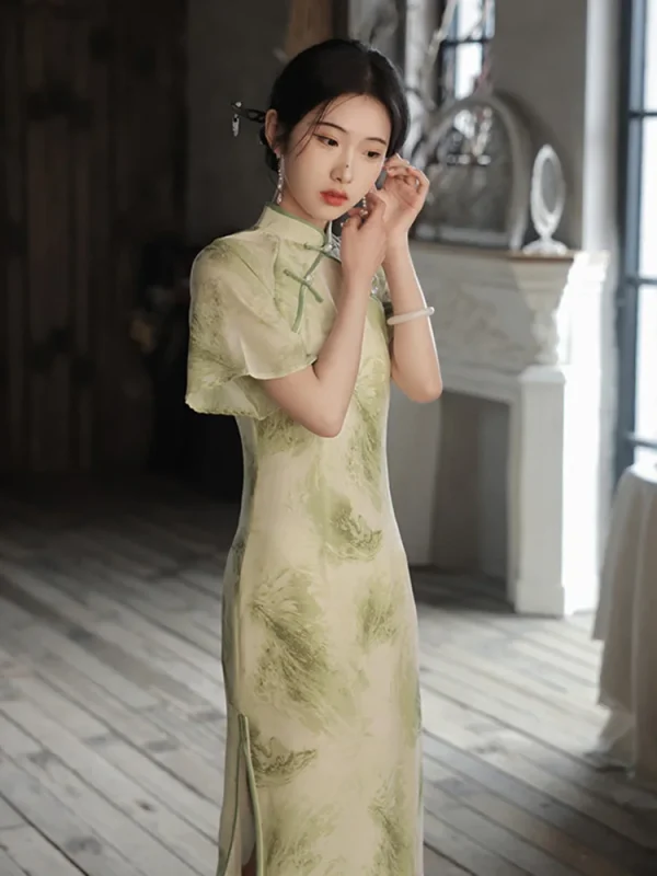 Kf S28eb14c864784827b02f56492242fccdh Spring Summer Female Long Qipao Elegant Retro Green Chiffon Cheongsam Classic Mandarin Collar Chinese Dress Sexy Spring Summer Female Long Qipao Elegant Retro Green Chiffon Cheongsam Classic Mandarin Collar Chinese Dress Sexy Split Vestidos