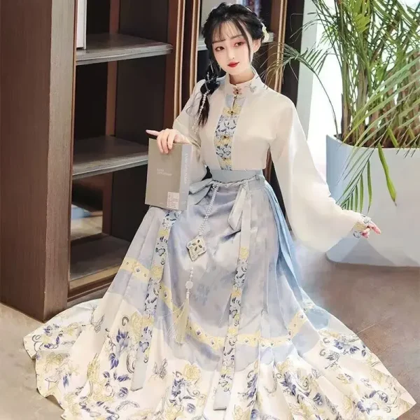 Kf S28f48ae24814465b9610395252292e49f 2pcs Set Hanfu Horse Face Skirt Modern Women Spring Long Sleeve Blue Black Shirt Skirt Chinese 2pcs Set Hanfu Horse Face Skirt Modern Women Spring Long Sleeve Blue Black Shirt+Skirt Chinese Hanfu Horse Face Skirt For Women