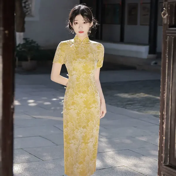 Kf S2a1ea6aa42044f4d9e5a1af8aa25b3c9d Yellow Long Cheongsam Women Short Sleeve Slim Vintage Dress Party Costume Dresses S To Xxl Qipao Yellow Long Cheongsam Women Short Sleeve Slim Vintage Dress Party Costume Dresses S To XXL Qipao Green