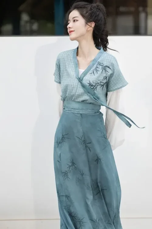 Kf S2a6ef9ffa9be4cd6806d92e9b8bdd570n 2024 Autumn Elegant Blue Bamboo Printed Long Sleeves Hanfu Dresses 3pcs Women S Improved Modern Casual Autumn Elegant Blue Bamboo Printed Long Sleeves Hanfu Dresses 3pcs Women's Improved Modern Casual Clothes Vestidos Chinos