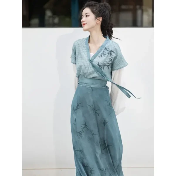 Kf S2a6ef9ffa9be4cd6806d92e9b8bdd570n 2024 Autumn Elegant Blue Bamboo Printed Long Sleeves Hanfu Dresses 3pcs Women S Improved Modern Casual Autumn Elegant Blue Bamboo Printed Long Sleeves Hanfu Dresses 3pcs Women's Improved Modern Casual Clothes Vestidos Chinos