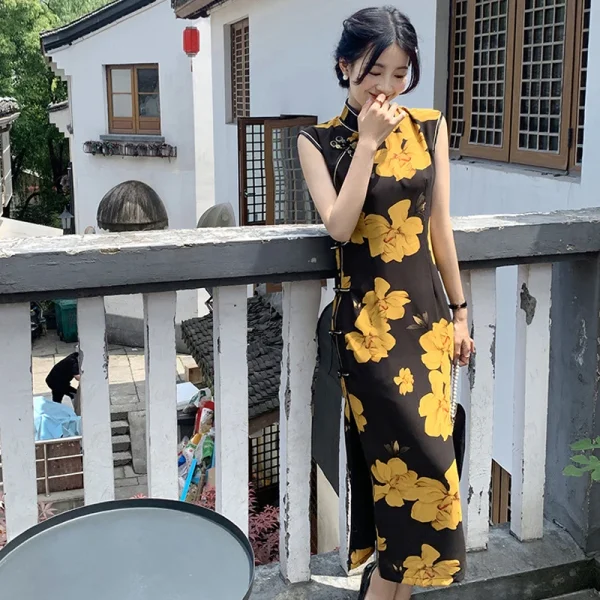 Kf S2d829532eae94e7c95cc68a81fa8c51eu Retro Traditional Chinese Cheongsam 2024 Summer New Dress Improvement Qipao Yellow Print Long Vestidos Elegant Temperament Retro Traditional Chinese Cheongsam Summer New Dress Improvement Qipao Yellow Print Long Vestidos Elegant Temperament Qipao