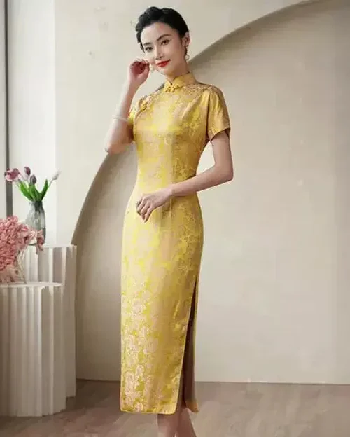 Kf S2eea7b1eb4a7473fbc24fa64b650fdd1i Alta Calidad Seda Real Cheongsam Qipao Tostado Amarillo Vestido Chino Alta Calidad Seda Real Cheongsam Qipao Tostado Amarillo Vestido Chino