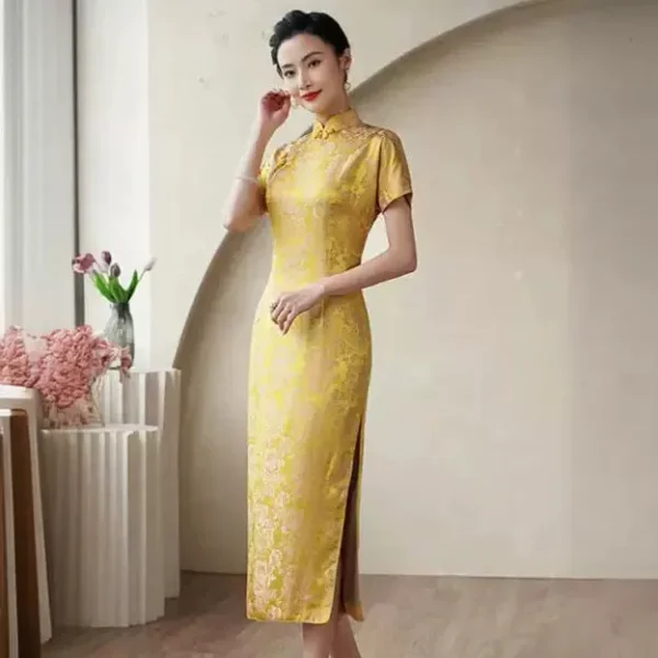 Kf S2eea7b1eb4a7473fbc24fa64b650fdd1i High End Quality Real Silk Cheongsam Qipao Yellow Toast Chinese Dress High-End Quality Real Silk Cheongsam Qipao Yellow Toast Chinese Dress