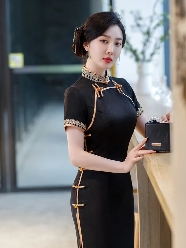 Kf S2f3f8274ca2c4750817ac4a3869ce92cv Yourqipao 2023 Summer Long Slim Silk Black Cheongsam Catwalk Banquet Retro Elegant Qipao Chinese Style Evening Summer Long Slim Silk Black Cheongsam Catwalk Banquet Retro Elegant Qipao Chinese Style Evening Dress for Women