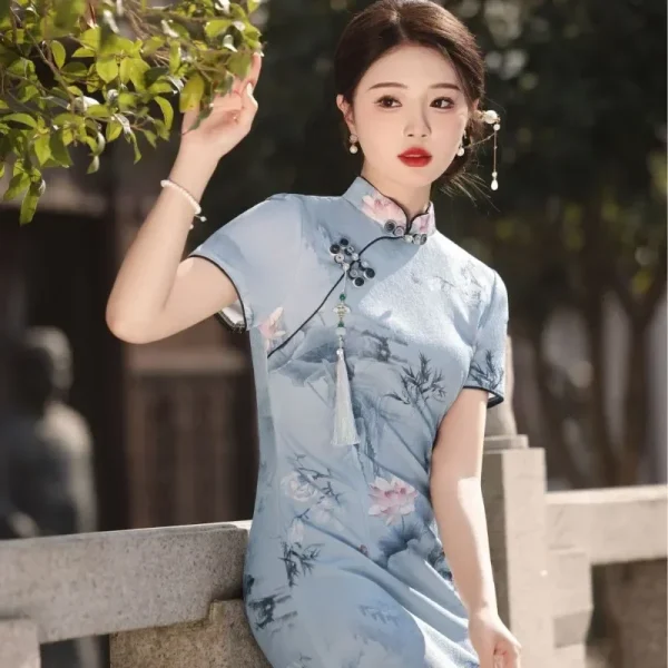 Kf S2f83c8c8b64b4822a7608f9f0f126cf56 Hot Sale New Chinese Style Blue Slim Long Cheongsam With Improved Summer Print For Girls Daily Hot Sale New Chinese Style Blue Slim Long Cheongsam with Improved Summer Print for Girls' Daily Vintage Short Sleeve Dresses