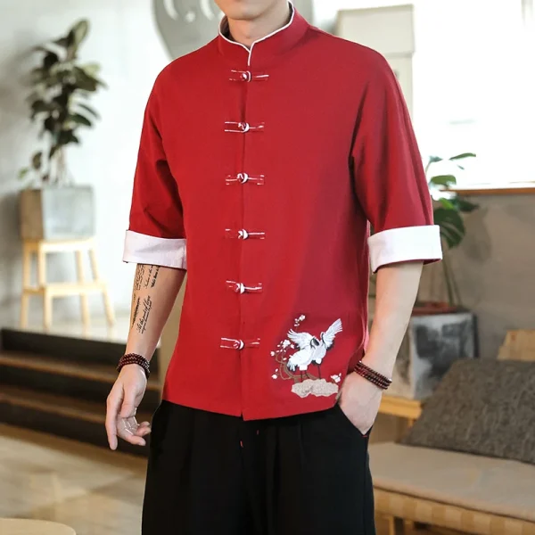 Kf S3229d549e55346838ead47c817e68a78l Embroidery Crane Short Sleeve Shirts Men Traditional Linen Casual Tang Suit Cardigan Men Chinese Style Retro Embroidery Crane Short Sleeve Shirts Men Traditional Linen Casual Tang Suit Cardigan Men Chinese Style Retro Kung Fu Blouses Men