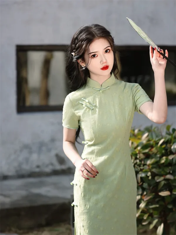 Kf S346330551cd242bb9ea178afc967b5e4n Spring Summer New Lace Mid Length Qipao Solid Color Slim Art Retro Dress Mandarin Collar Cheongsam New Lace Mid length Qipao Solid Color Slim Art Retro Dress Mandarin Collar Cheongsam