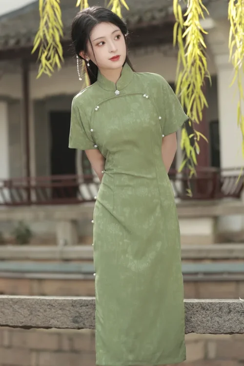 Kf S347567c905b840a29803d73775a564a41 Robe Cheongsam Moderne Vert Été Élégante et Fraîche de Mode Rétro Jacquard Style Chinois Performance pour Soirée Qipao pour Femmes.