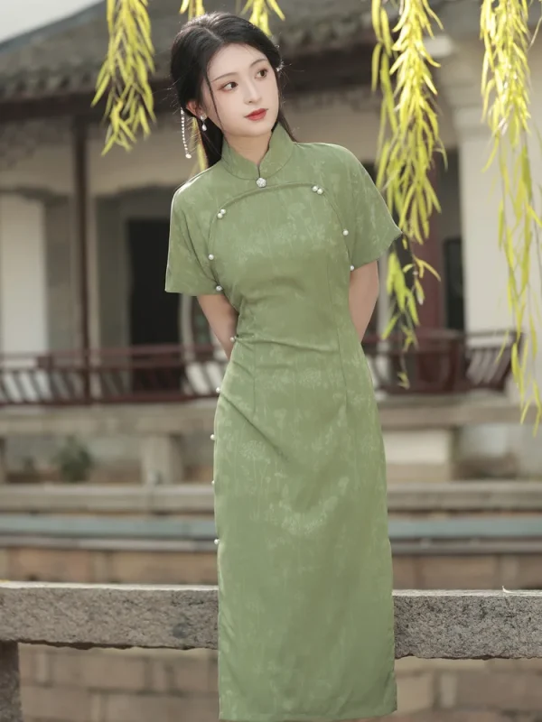 Kf S347567c905b840a29803d73775a564a41 Robe Cheongsam Moderne Vert Été Élégante et Fraîche de Mode Rétro Jacquard Style Chinois Performance pour Soirée Qipao pour Femmes.