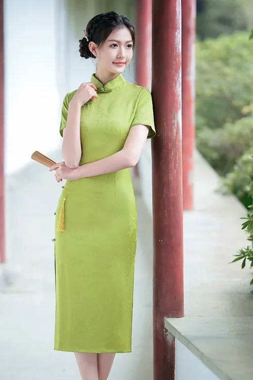 Kf S3673508e82e0417b92c65b86f0dc0edbq Women Green Mandarin Collar Qipao Summer Short Sleeved Fashion Everyday Elegant Button Cheongsam Women Green Mandarin Collar Qipao Summer Short-sleeved Fashion Everyday Elegant Button Cheongsam