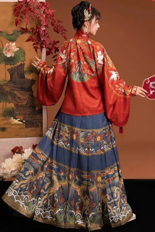 Kf S37a4b2544f2840359fd1068bcc62c5c0c Ancient Hanfu For Women Spring Ming Dynasty Phoenix Printing Pipa Shape Sleeves Red Top Blue Horse Acient Hanfu For Women Spring Ming Dynasty Phoenix Printing Pipa Shape Sleeves Red Top Blue Horse Face Skirts 2PCS Full Suits