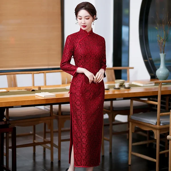 Kf S37acdb81d566451aa48ff56b0d0ee31bk 2022 Spring Autumn Red Lace Cheongsam Bride Wedding Evening Dress Chinese Traditional Clothing Qipao Long Slit Spring Autumn Red Lace Cheongsam Bride Wedding Evening Dress Chinese Traditional Clothing Qipao Long Slit Dress for Women