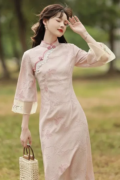 Kf S3b37cce0d3a8491a93c7930673cd8595t 2023 New Pink Cheongsam Embroidery Lace Women Dress Vintage Long Improved Sleeve Chinese Traditional Qipao S New Pink Cheongsam Embroidery Lace Women Dress Vintage Long Improved Sleeve Chinese Traditional Qipao S To XXL