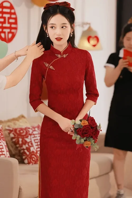 Kf S3b43fe3741694d54a2fa0ed8c2903c47n Red Chinese Women Dress Vintage Long Sleeve Qipao Sexy Long Elegant Cheongsam For Wedding Party Dress Size S-2XL