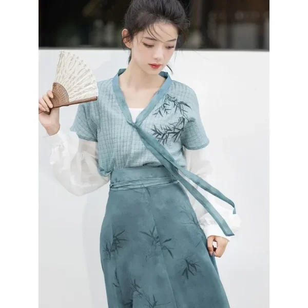 Kf S3cbea46eeb8b48feb1ef3e4405bdda75r 2024 Autumn Elegant Blue Bamboo Printed Long Sleeves Hanfu Dresses 3pcs Women S Improved Modern Casual Autumn Elegant Blue Bamboo Printed Long Sleeves Hanfu Dresses 3pcs Women's Improved Modern Casual Clothes Vestidos Chinos