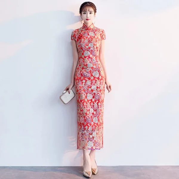 Lazo Rojo Novia Fiesta Cheongsam Vestido Oriental de Mujeres Moda Estilo Chino Elegante Largo Qipao Lujo Boda Vestido S-5XL.